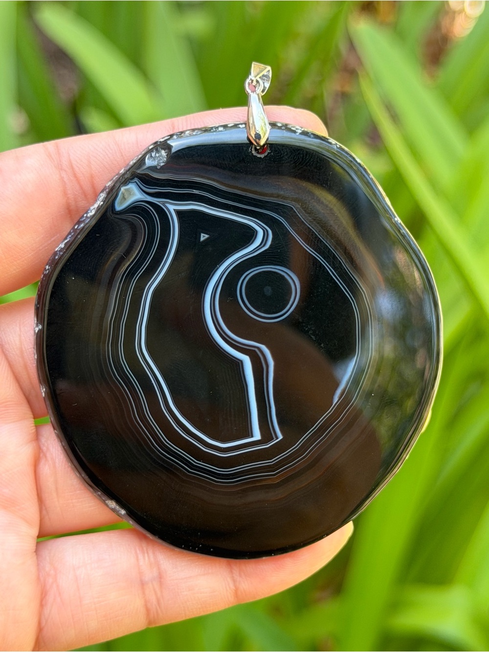Sterling silver huge unique black agate pendant 2069